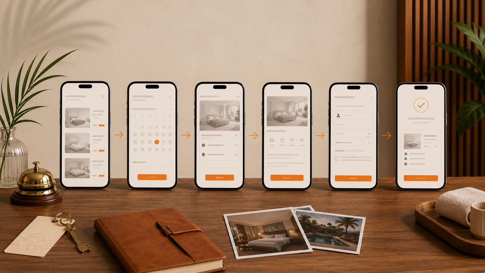 Mobile hotel direct booking flow slide showing room browsing, date selection, availability check, booking call to action, and confirmation screens