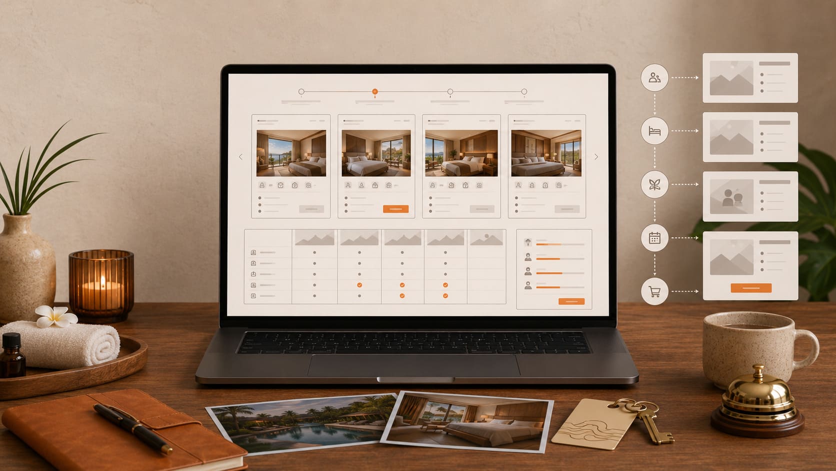 Hotel room discovery slide showing room category cards, amenities, comparison blocks, and guest decision pathways
