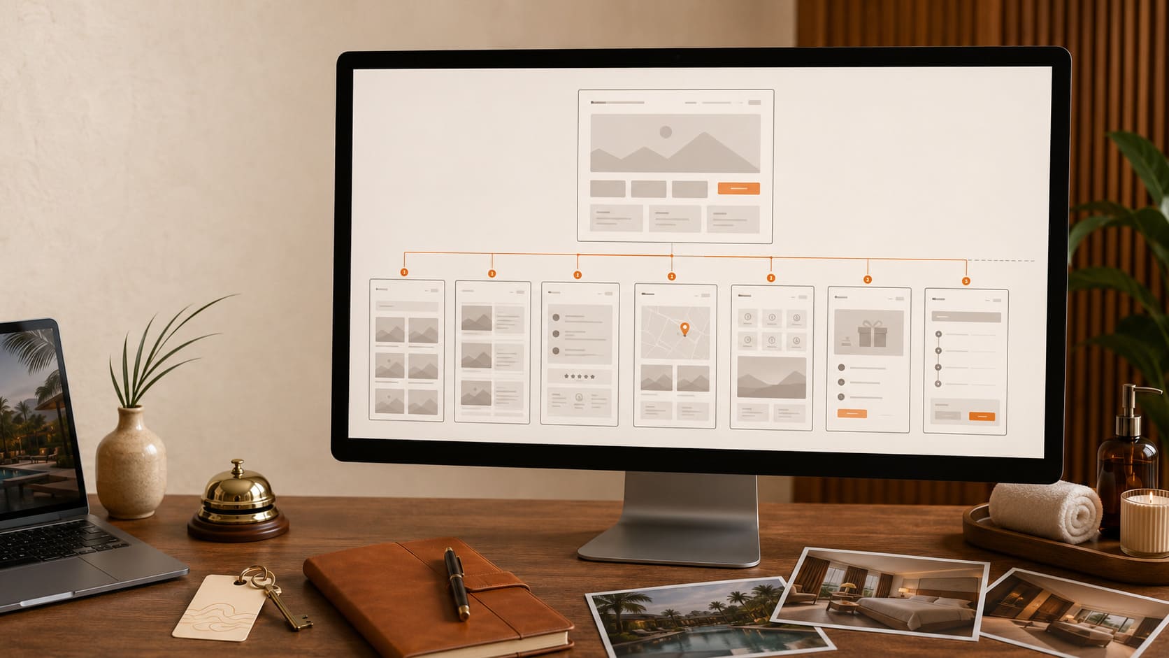 Hotel website structure slide showing homepage, room categories, guest trust section, location, amenities, direct booking benefits, and booking flow