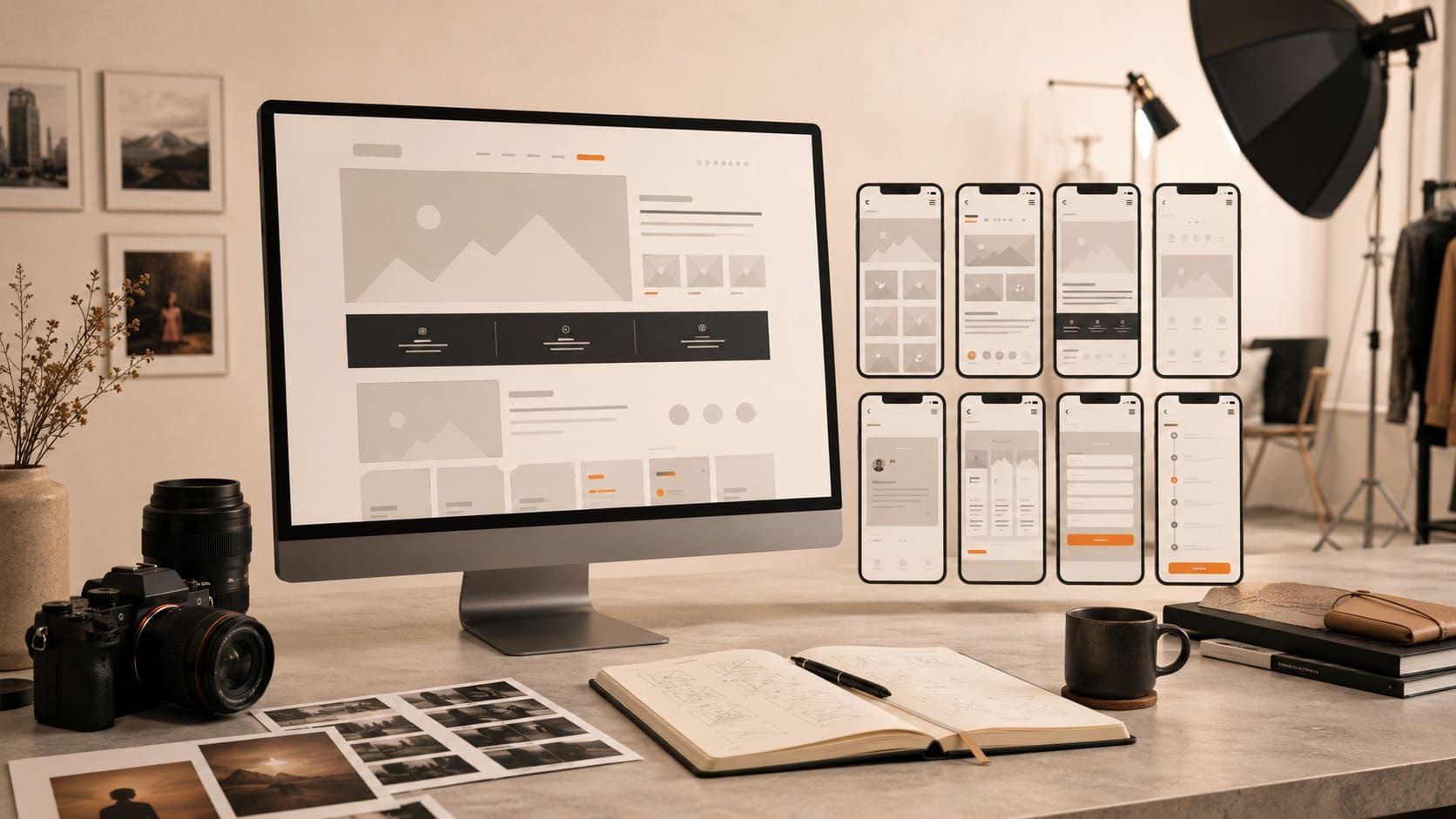 Photography website wireframe case study for portfolio categories, service pages, and mobile booking enquiries