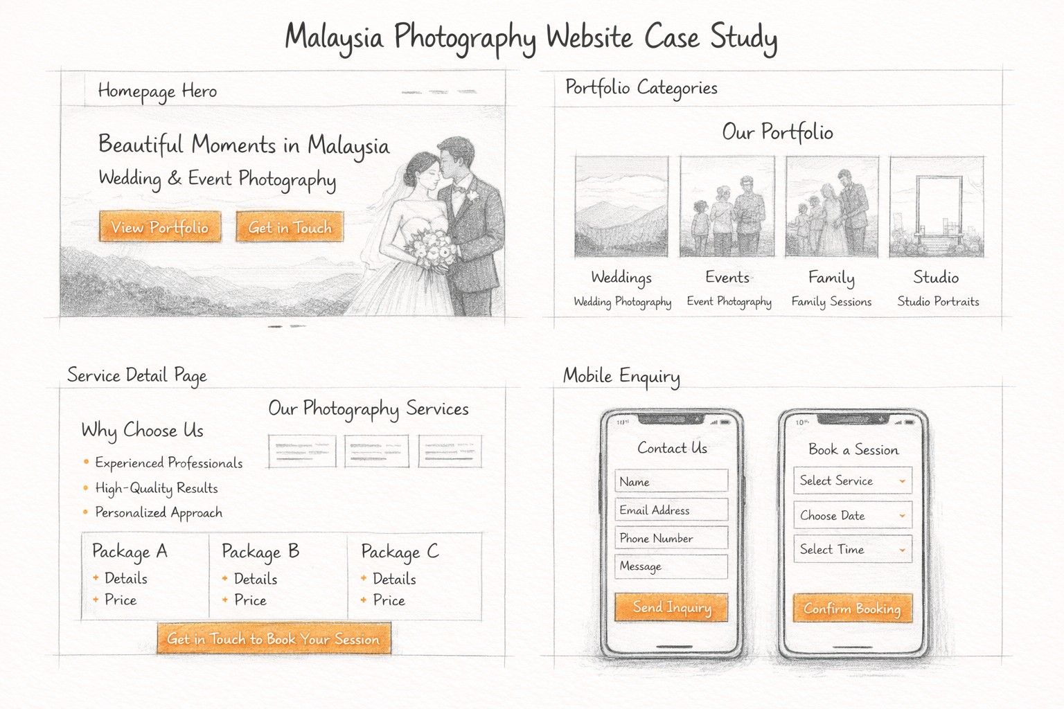 手绘摄影网站线框图，展示首页、作品分类页、服务页与 iPhone 预约流程界面
