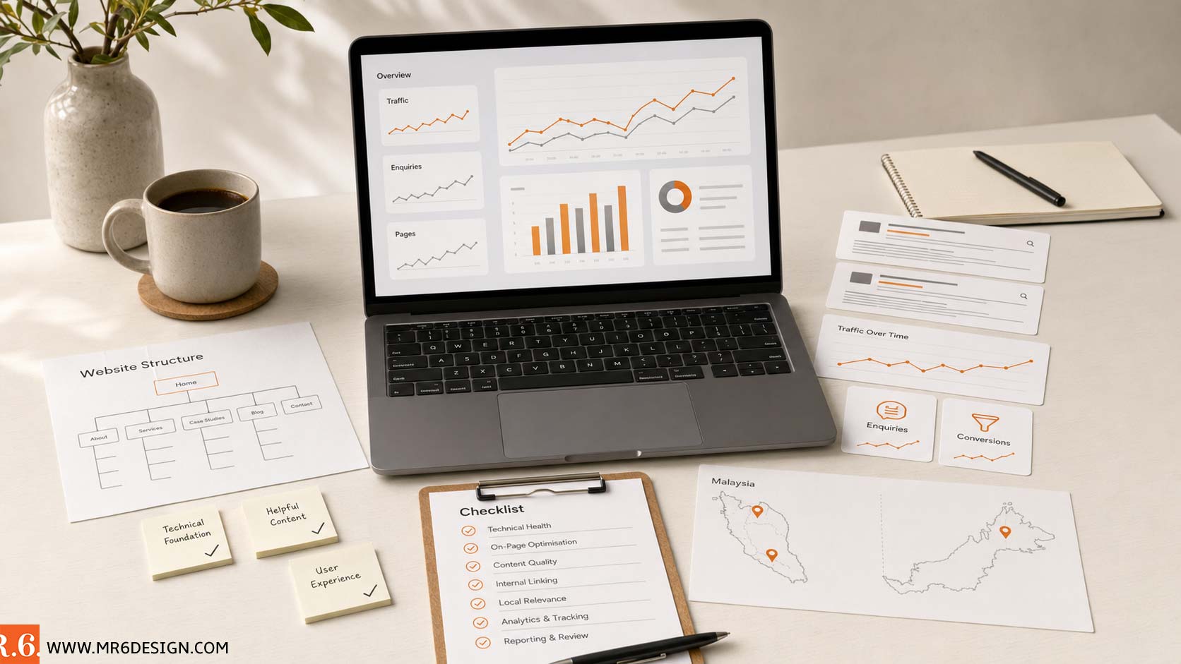 SEO package planning workspace showing website analysis, search visibility, content, reporting, and conversion measurement
