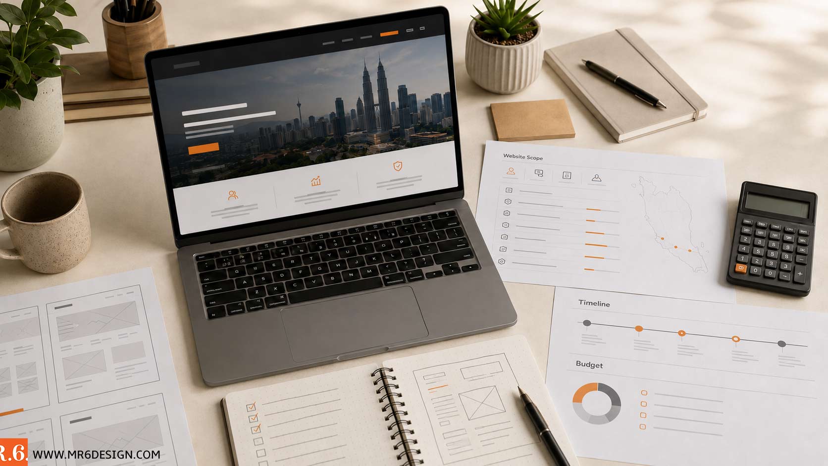 Business website cost planning workspace with website design, quotation, timeline, wireframes, and project budget